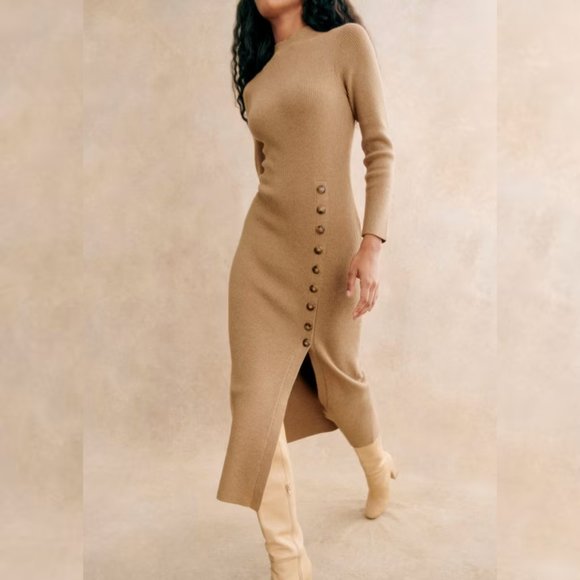 NWOT Sezane Harper Dress in Light Camel Midi Long Sleeves Wool Cotton Button - Picture 2 of 11